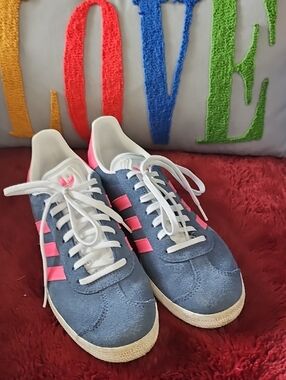 adidas Blue Suede Gazelle Sneakers with Pink Stripes and White Laces